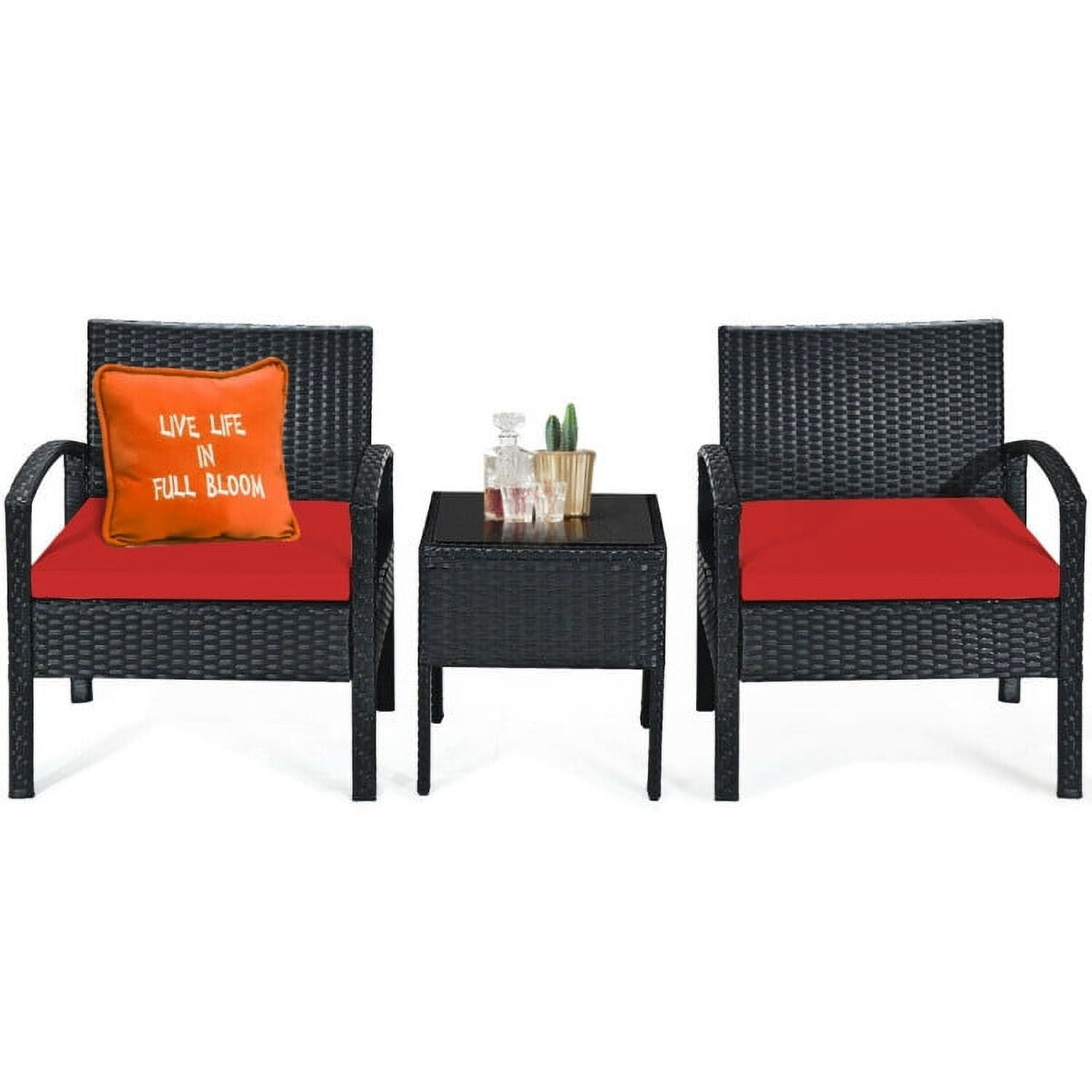 Aimee Lii 3 Pieces Outdoor Rattan Patio Conversation Set, Wicker Patio Furniture Set with Seat Cushions, Red