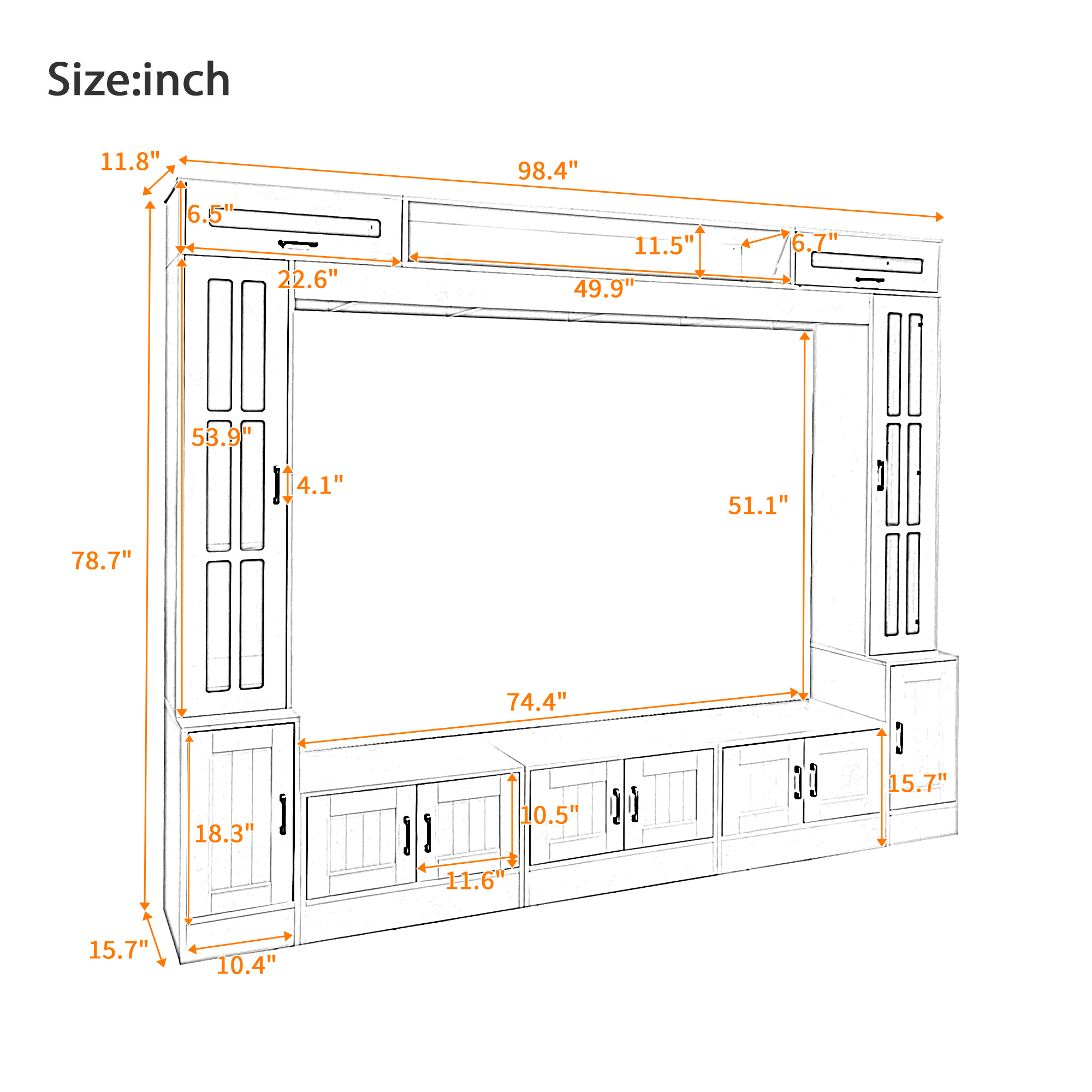 Aukfa Modern 98.4" Wall Unit TV Stand for TVs up to 80",Entertainment Center with Glass Doors & Storage Cabinets for Living Room Furniture, White
