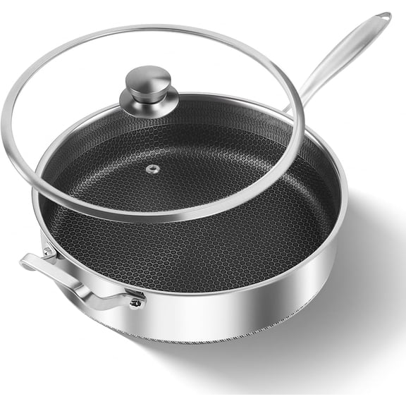 Frying Pans Nonstick wih Lid, Non Stick Tri-Ply Stainless Steel Saute Pan, 7 Quarts Large Sauté Pan, 12.5 Inch Induction Cooking Pan, Dishwasher and Oven Safe