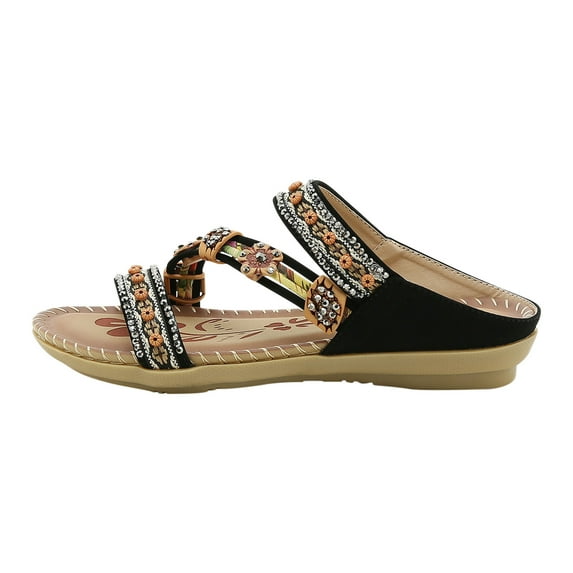 asdoklhq Sandals for Women Clearance Under $10,Bohemian Flat Flower Rhinestone Sandals Outer Beach Sandals