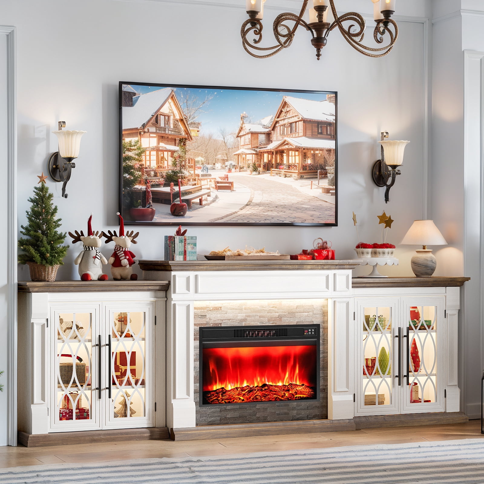 Holliwill 104" Fireplace TV Stand with 30" Electric Heater & LED Lights & Power Outlets, Modern Farmhouse Entertainment Center with Storage Cabinet for Living Room, Fireplace with Mantel, White Brown