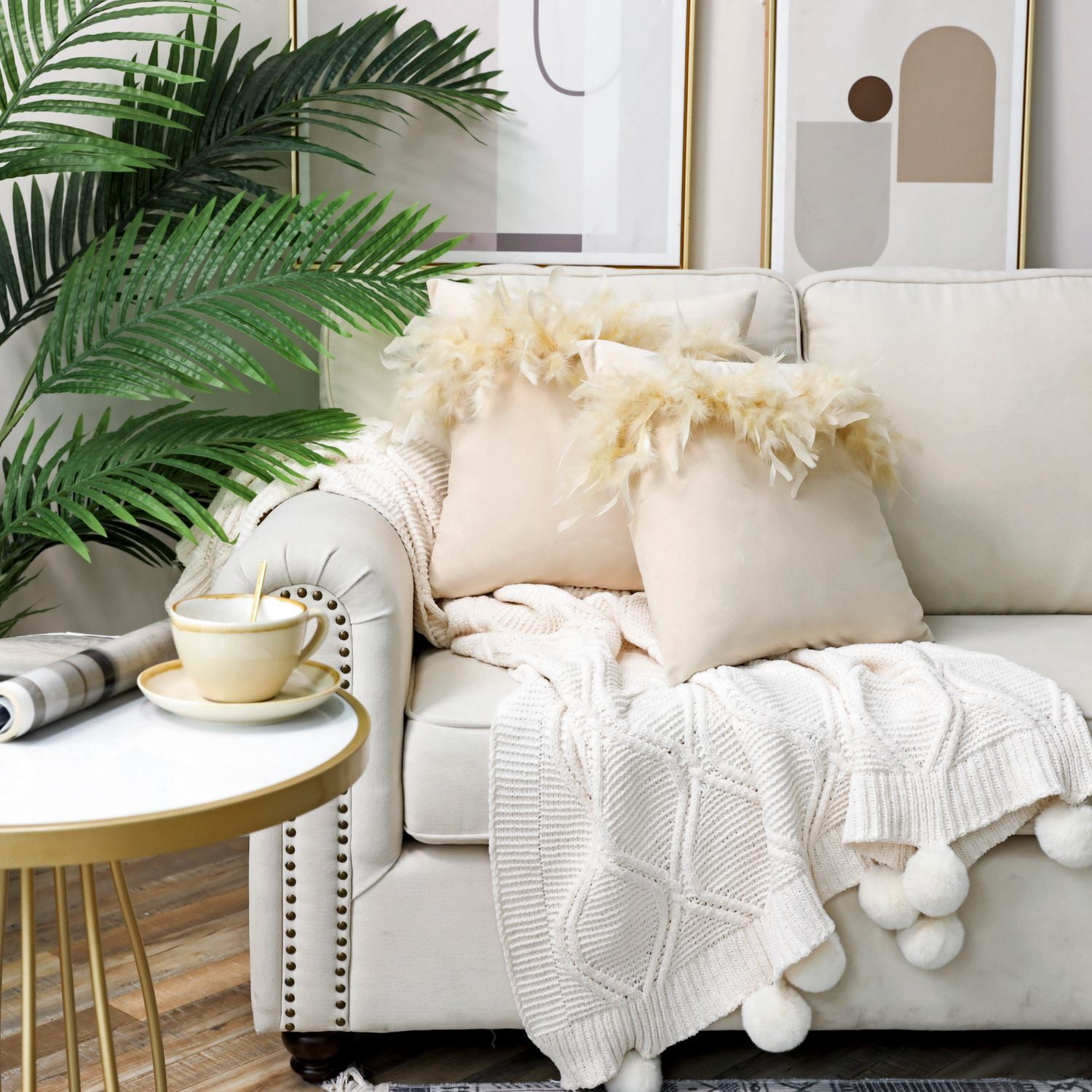 Phantoscope Feather Velvet Decorative Throw Pillows, 18 x 18 in, Beige, 2 Pack