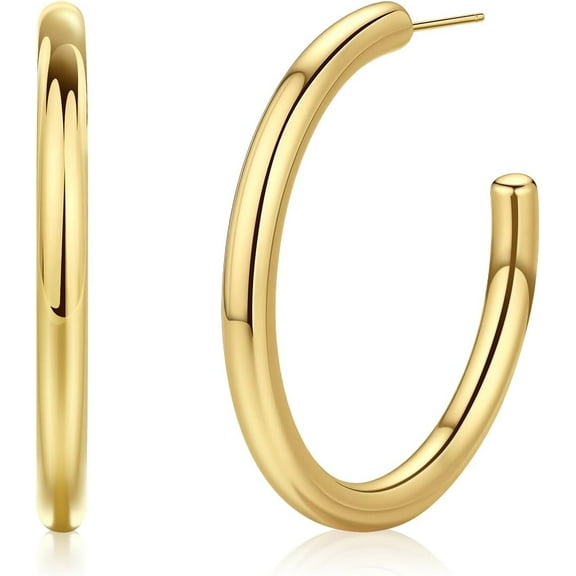 Gold Plated Hoop Earrings for Women Trendy Surgical Stainless Steel Hypoallergenic Earrings for Sensitive Ears 4mm Hollow Tube Lightweight Non Tarnish Silver Hoops Gifts for Women,30/40/50MM