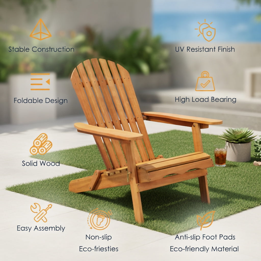 Hommoo 3-Piece Eucalyptus Adirondack Chair Set with Wide Armrests, Foldable Outdoor Patio Chairs & Side Table, Natural