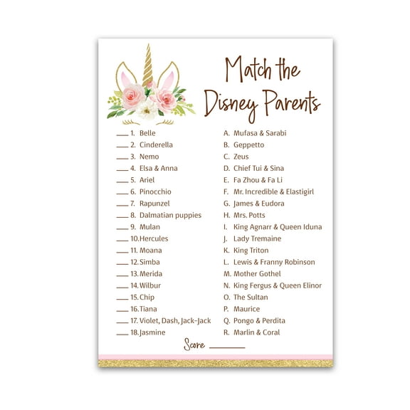 UNICORN Match Cartoon Parents Baby Shower Games — Pack of 25 — Pink GIRL Baby Shower Game, Magical theme Match Famous Cartoon Parents Fun Co-ed Shower Activity, Star Kids Match Game G640-DPM
