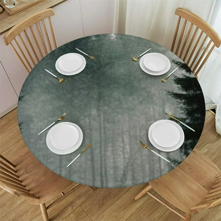 

Sheronv Trees Fog Round Table Cover Stain Resistant Washable for Indoor Outdoor Kitchen Dining Wedding Parties 100% Polyester with Elastic Edge Waterproof 46 -50
