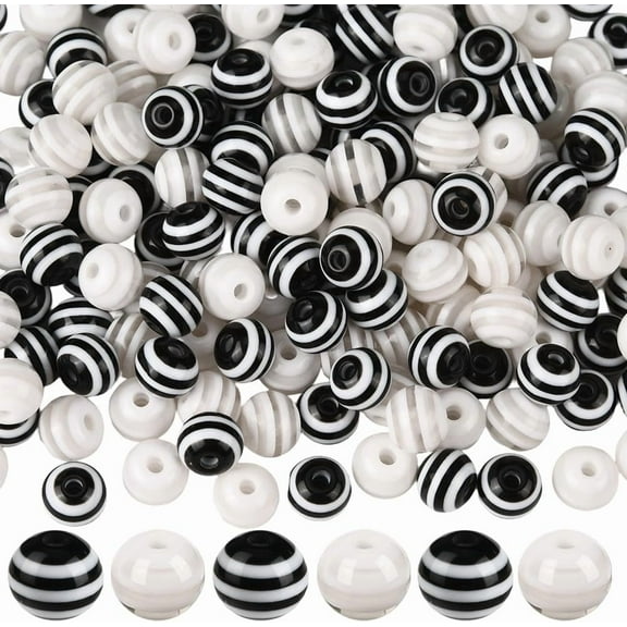 200Pcs 2 Colors Black and White Stripe Beads 8mm Beads Small Round Ball Bubblegum Acrylic Rainbow Smooth Loose Spacers Accessories