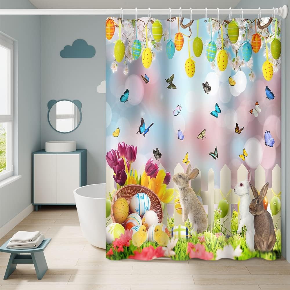 JOOCAR Happy Easter Shower Curtains for Bathroom Cute Rabbits Bunny
