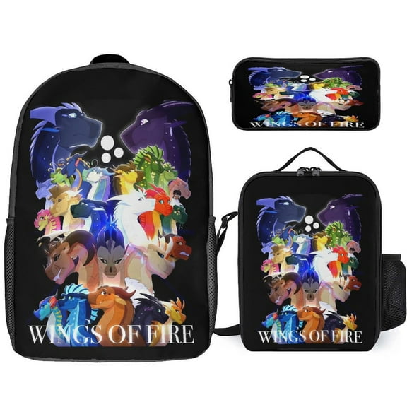 3 Piece Wings Dragon Fire Backpack Set with Lunch Box And Pencil Case Lightweight Bookbag Fashion Bento Backpack