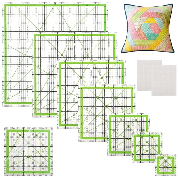 7 PCS Quilting Rulers Square Set, 2.5", 3.5", 5", 6.5", 8", 10", 12.5" Acrylic Quilting Cutting Rulers with Non-Slip Pads, Clear Double-Color Markings, Angle Lines for DIY Quilting Sewing
