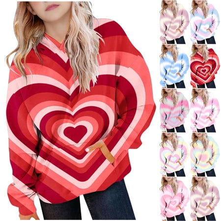 Feancey Girls Oversized Hoodies Valentines Day Trendy Tie Dye Heart Print Hooded Sweatshirts Drop Shoulder Long Sleeve Cute Hoodie Loose Fit Casual Pullover Tops Light Blue 150