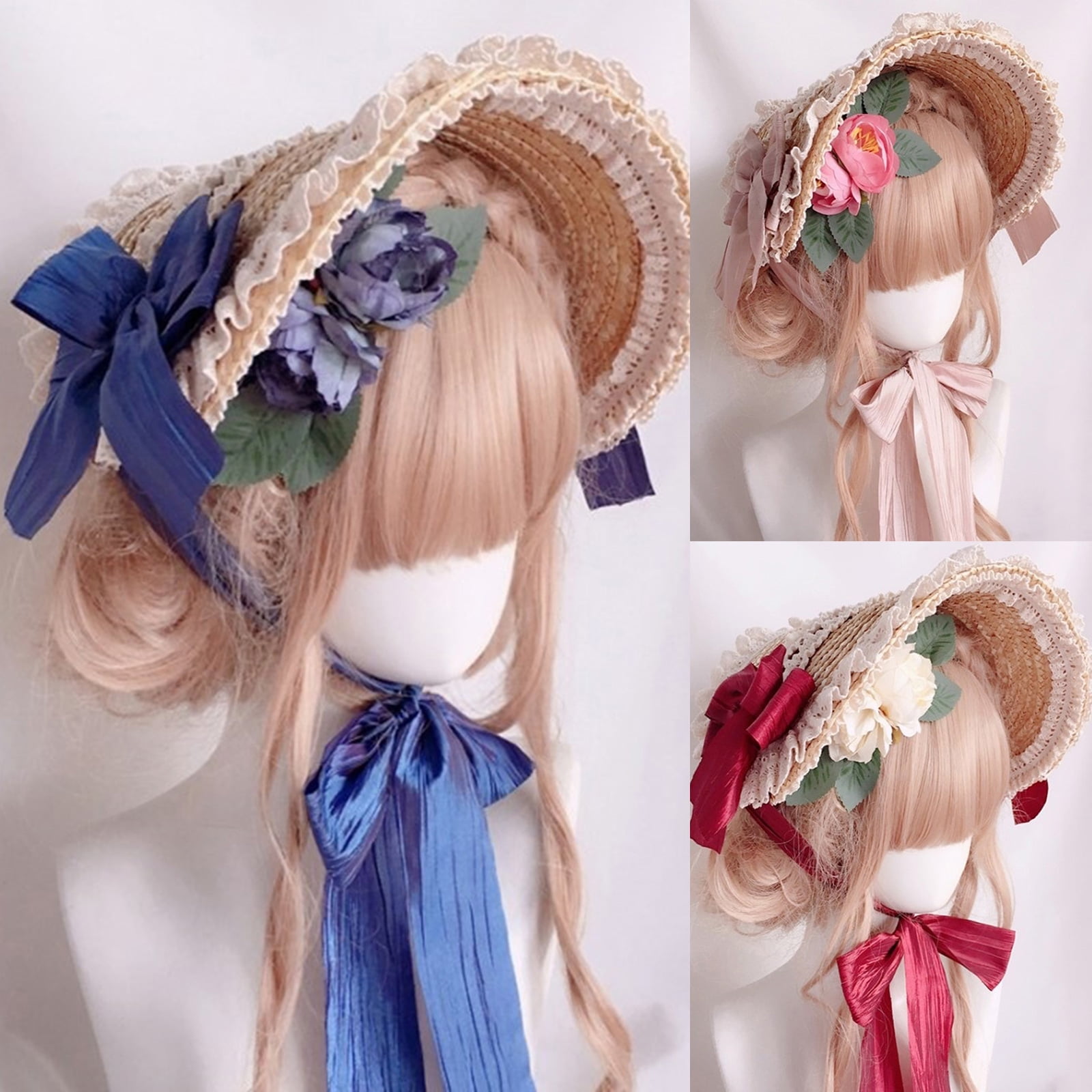 Gorgeous Lolita Flat Top Hat French Lace Flower Ribbon Bonnet Hat All-match Summer Sunshade Straw Hat for Girls Women
