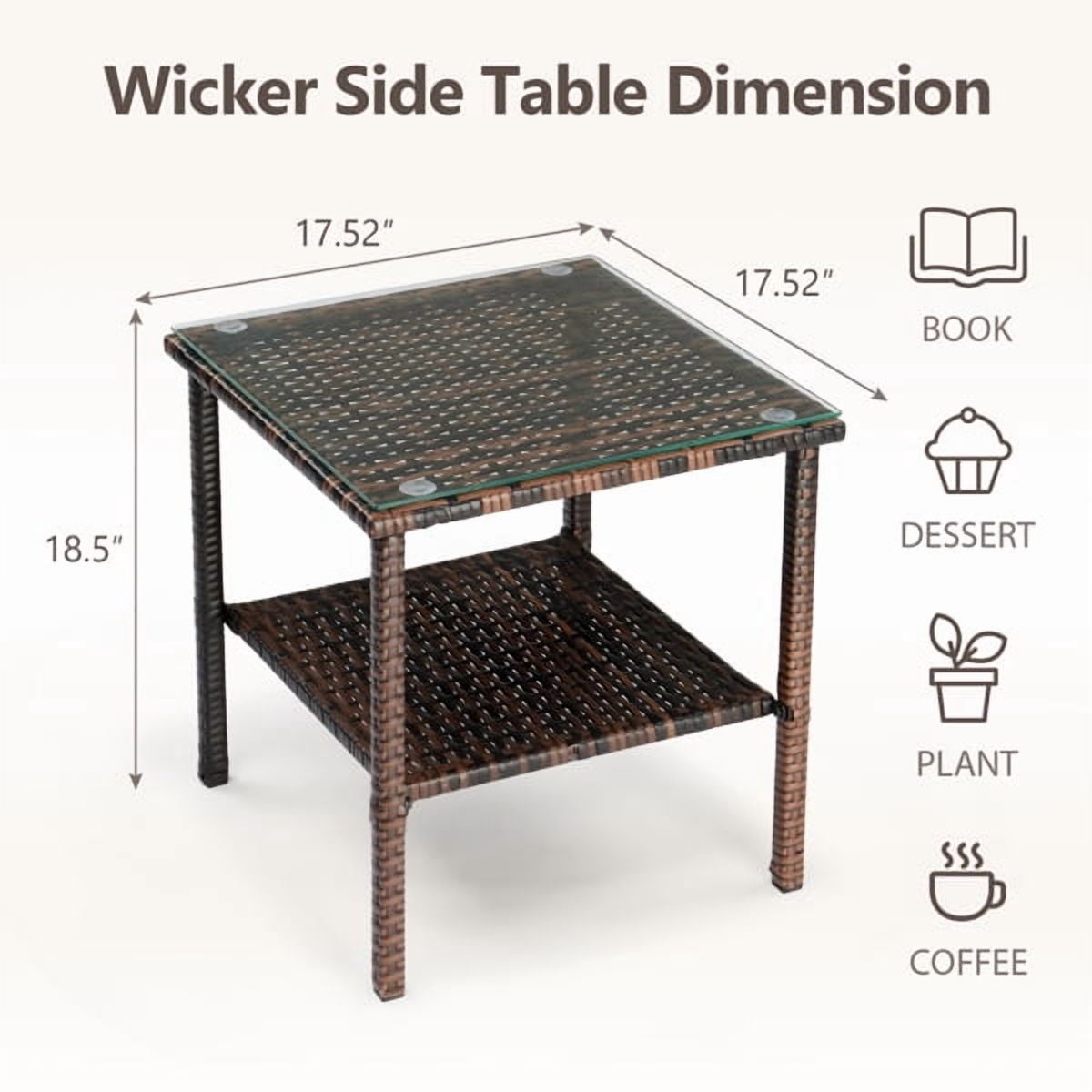Square Double Layer Glass Top Side Table, Brown Gradient Rattan, Steel Frame, Outdoor Patio Furniture