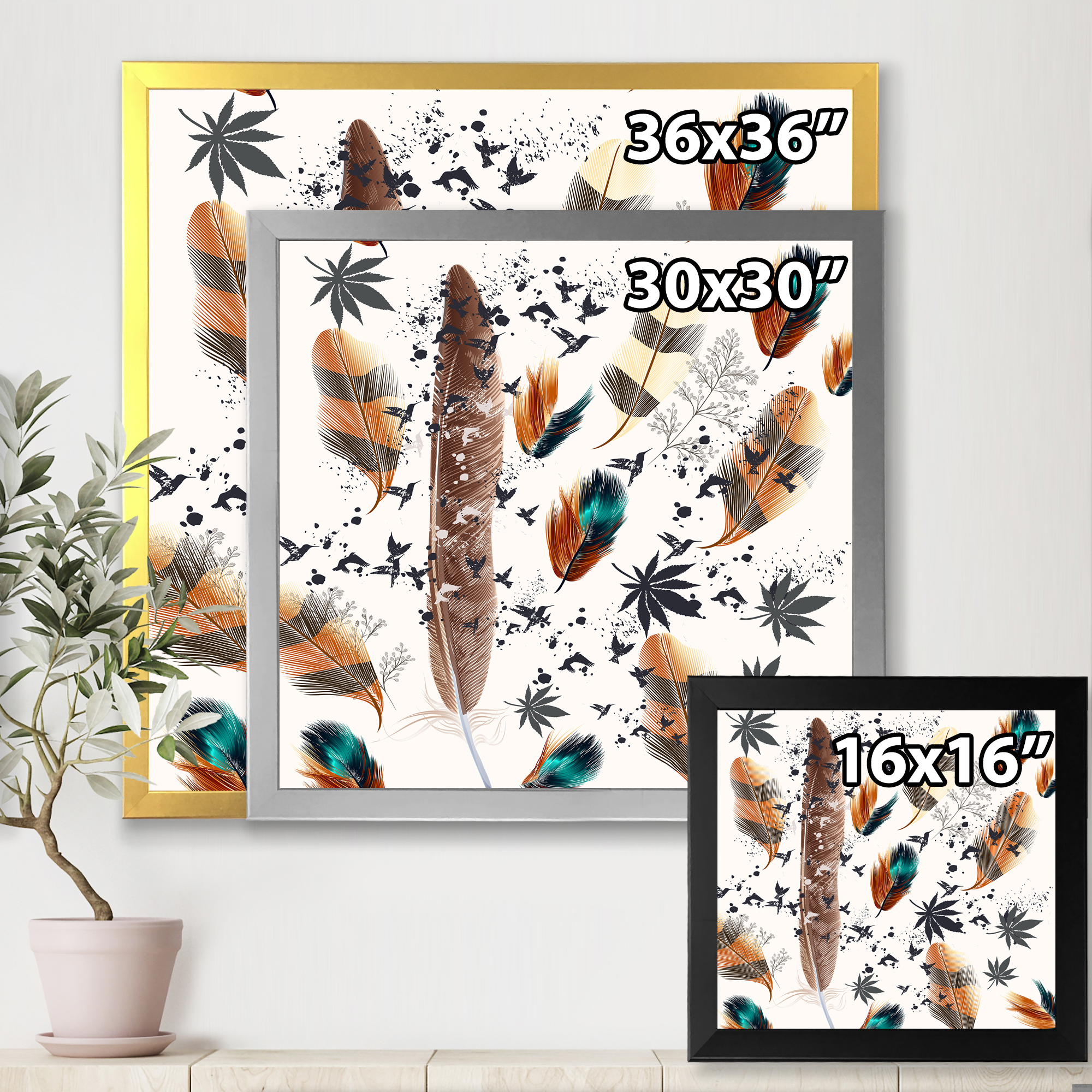 Designart 'Multicolored Feather Pattern With Floral' Bohemian & Eclectic Framed Art Print