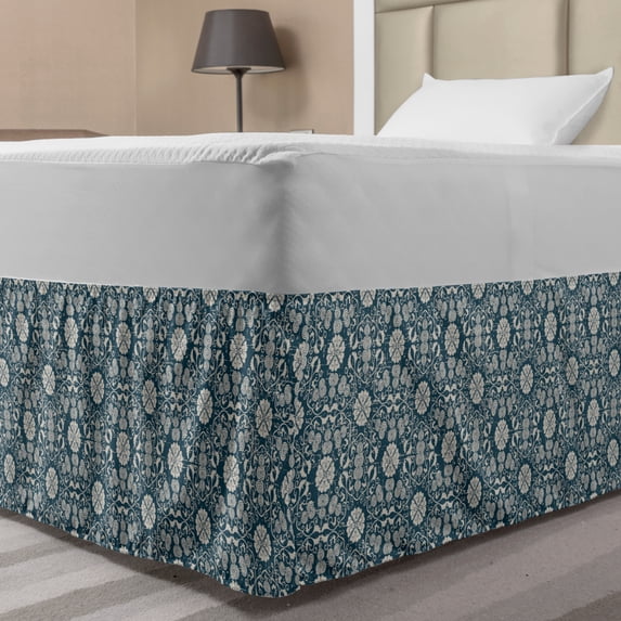 Antique Oriental Bed Skirt, Vintage Ottoman Lacy Art Carnation Flowers Damask Style Folk Motif, Elastic Bedskirt Dust Ruffle Wrap Around for Bedding Decor, 4 Sizes, Dark Teal Beige, by Ambesonne