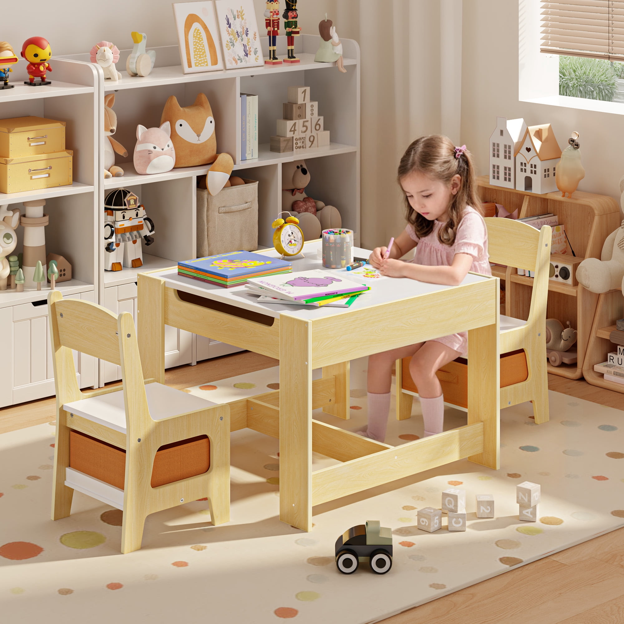 Kid's Table and Chairs Set, Asofer Toddler Craft Table with Removable Desktop Storage, Versatile for Playing Studying Eating, White/Gray