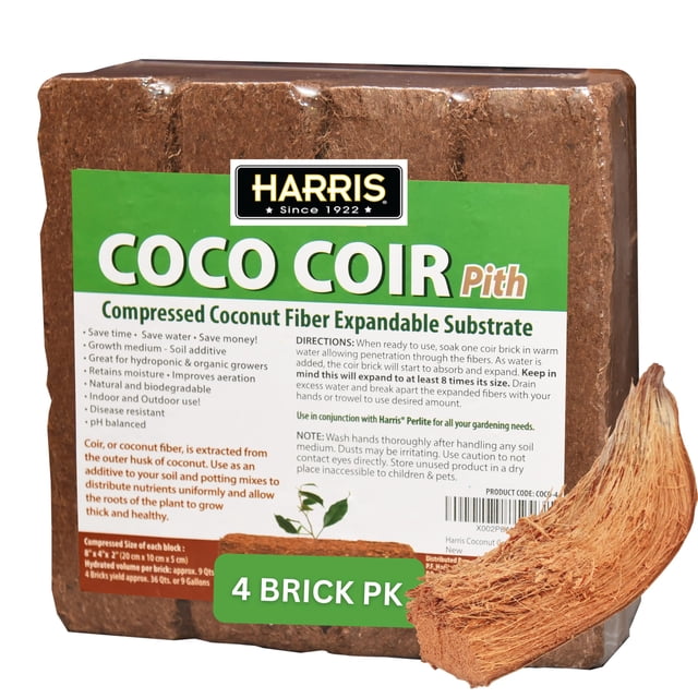 Harris Pilon de Fibre de Coco, 4 Briques Se Transforment en 9 Gallons de Fibre de Coco pour Favoriser une Croissance Racinaire Saine