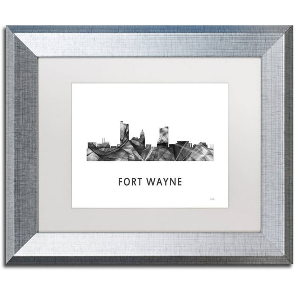 Trademark Fine Art 'Fort Wayne Indiana Skyline WB-BW' Canvas Art by Marlene Watson, White Matte, Silver Frame