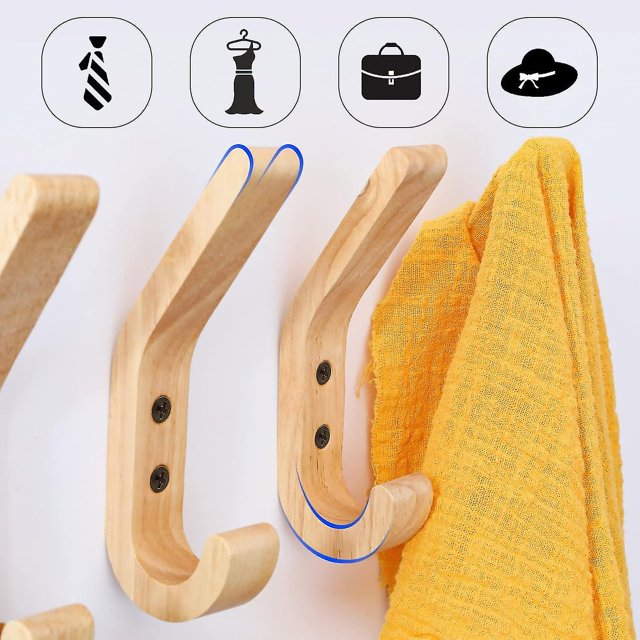Perchero De Madera, 4 Ganchos para Abrigos En Forma De J De 155 Mm, Ganchos Para Toallas Montados En La Pared Mejorados, Roble Grado A, Superficie Pulida A Mano, Adecuado Para Cocina Y Estar
