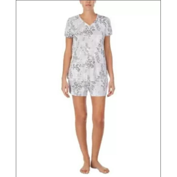 Cuddl Duds Short Sleeve T-Shirt &amp; Printed Shorts Pajama Set, Gray, Medium