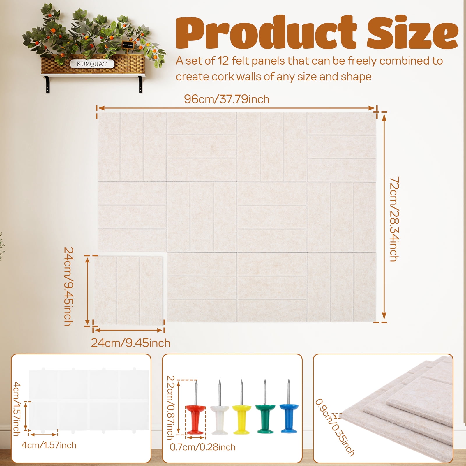 12PCS Felt Bulletin Board Tiles with Adhesive Tabs and Pushpins Felt Wall Tiles Push Pin Board Wall Organizer for Office Home Decoration