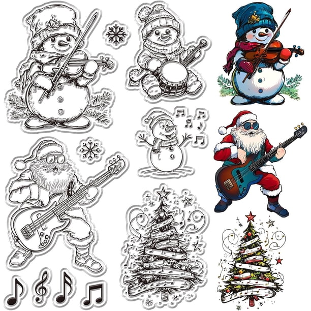 Sellos de goma transparentes con diseño de árbol de Navidad, muñeco de nieve, Papá Noel, copo de nieve, música rock. Sellos de silicona transparentes reutilizables.