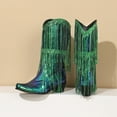 thumbnail image 2 of Xiaoxatg Women's Mid-Calf Boots Fashionable Sequin Tassel Pointed Thick Hoeled -On Shoes 7 Green, 2 of 7