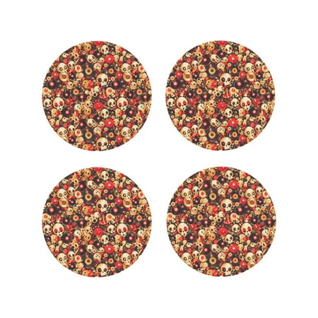 

Fuzoiu cute record music Skull Print Leather Coasters Set Drink Coasters Set of 4 for Tabletop Protection Durable PVC Coasters Home Décor and Housewarming Gift-Round Shape