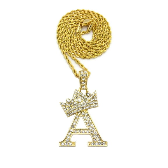 Stone Stud Allover Tilted Crown Initial A Pendant w/ 2mm 24" Rope Chain Necklace, Gold-Tone