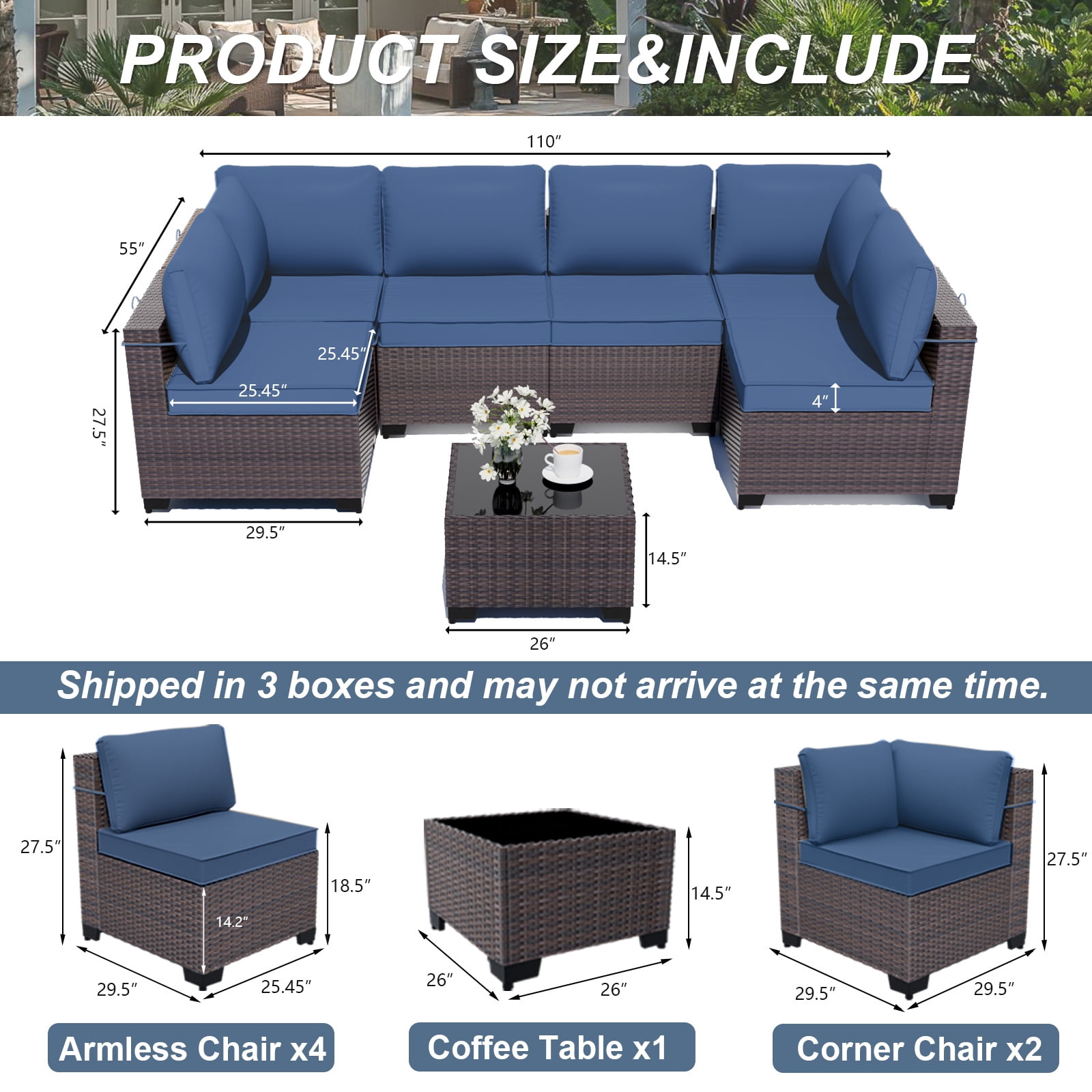 Gotland 7 Piece Outdoor Patio Furniture Set PE Rattan Wicker Patio Sectional Sofa Conversation Set Tempered Glass (Navy Blue)