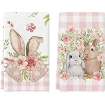 pogooe Pink Buffalo Plaid Bunny Rabbit Flower Easter Kitchen Towels Dish Towels, 18x26 Inch Seasonal Decoration Hand Towels Set of 2