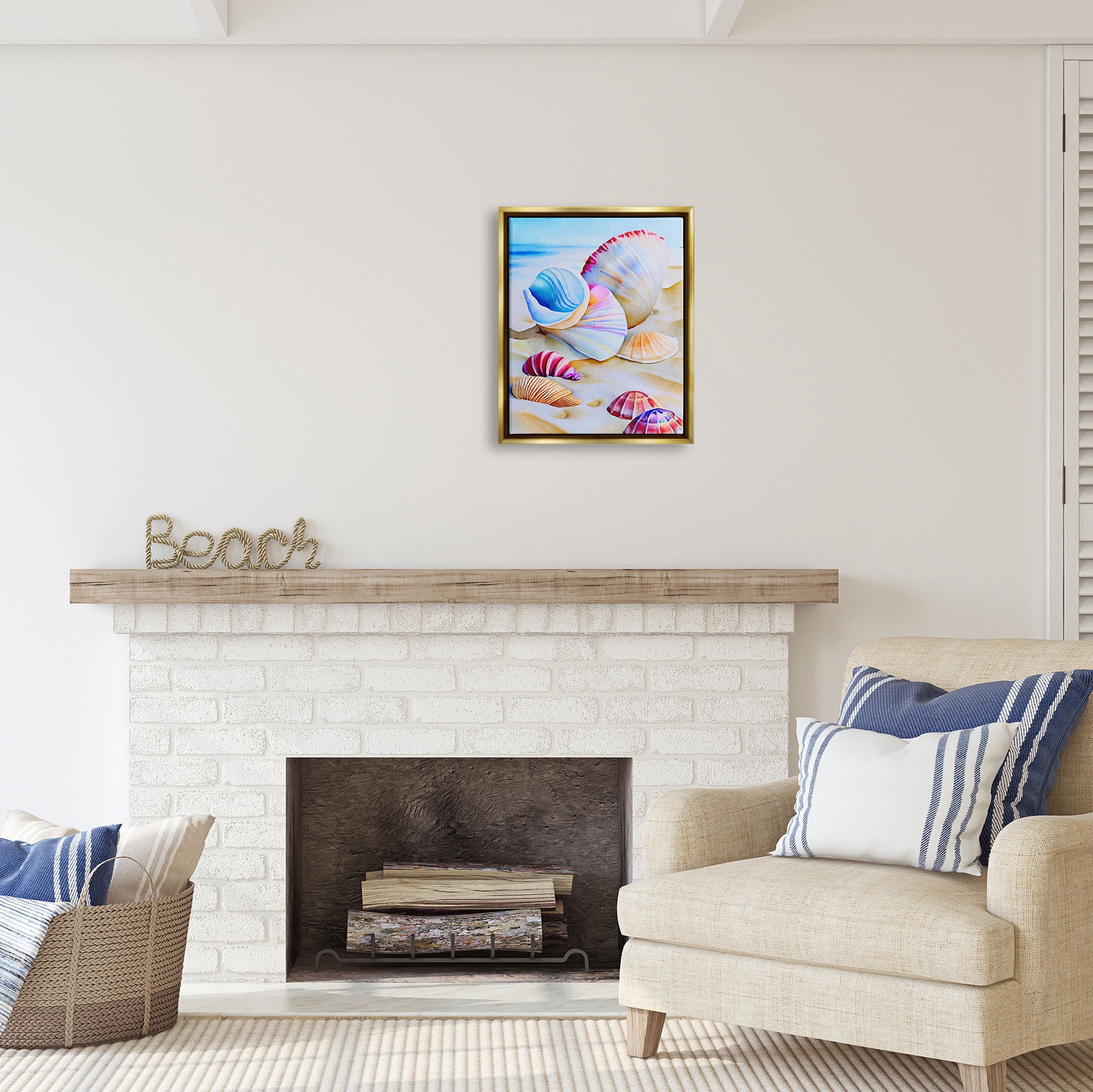Stupell Industries Vibrant Seashells on Beach Nature Painting Gold Floater Framed Art Print Wall Art, 17 x 21