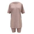 thumbnail image 6 of WAYUTE Short Sets Women 2 Piece Outfits Casual Solid Round Neck Short Sleeve Summer High Slit Top Shirt Shorts Set, 6 of 7