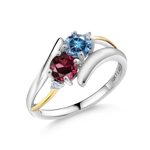 Gem Stone King 925 Silver and 10K Yellow Gold Persian Blue Moissanite and Red Rhodolite Garnet and White Moissanite 2-Stone Crossover Ring for Women (1.12 Cttw, Size 8)