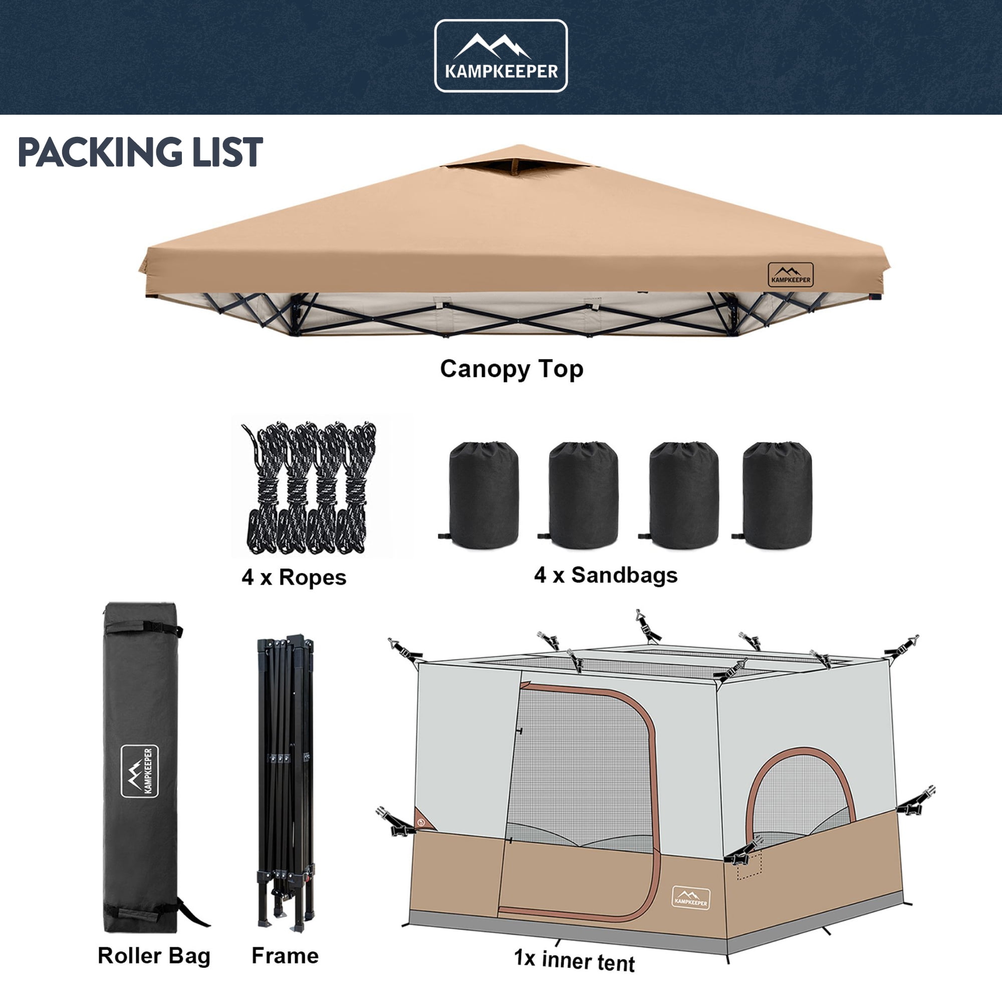 KAMPKEEPER 10x10 Instant Pop Up Canopy with Camping Inner Tent, Fits 6 Person, Khaki