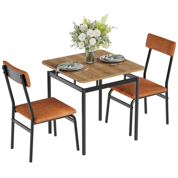 Set de comedor de 3 piezas estilo industrial - Mesa y sillas de madera con asiento en PU - Estructura metálica moderna y resistente - Perfecto para apartamentos o espacios reducidos