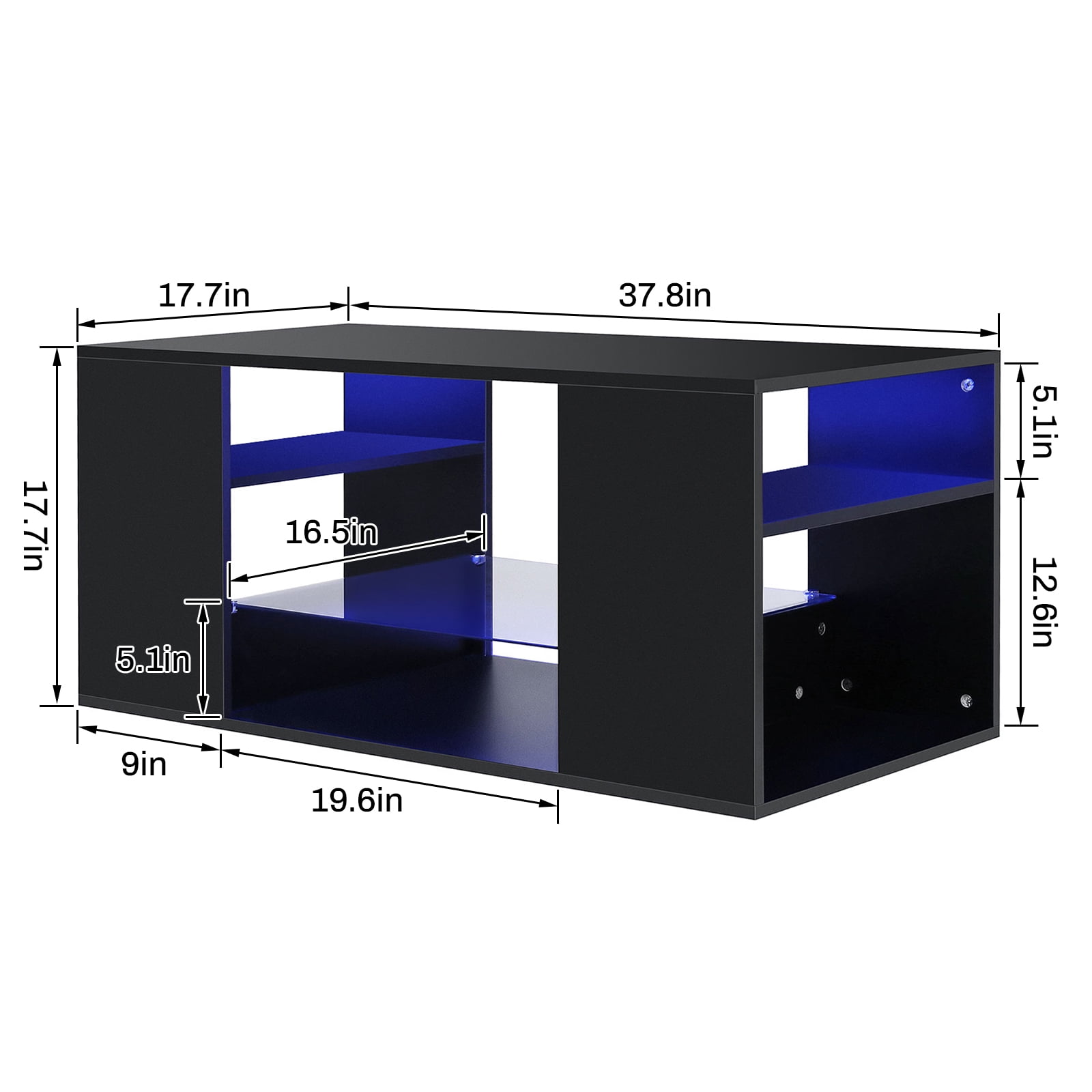 Hommpa Black Coffee Table with LED Lights Living Room Table Glass Open Shelves High Gloss Rectangle Center Table Sofa Side Cocktail Tables
