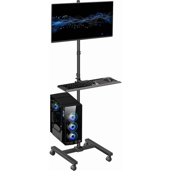 Black Rolling Computer Cart With Monitor Mount For 17 To 32 Inch Screens, Portable PC Desk Workstation, Full Keyboard Tray, Adjustable CPU Holder, Rolling Mobile Office Cart Set
