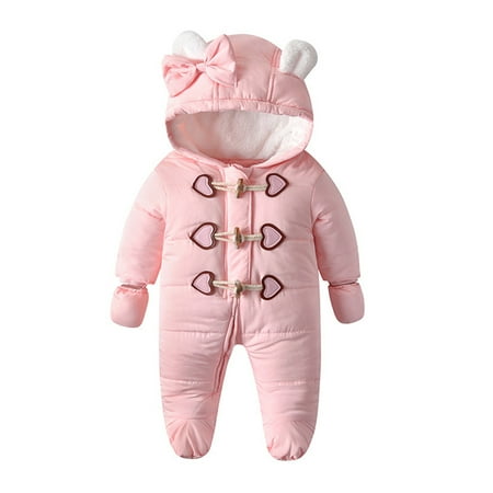 

EHTMSAK Newborn Infant Baby Toddler Fleece Lined Long Sleeve Hooded Jumpsuit for Girl Boy Velvet Winter Warm Clothes Romper Pink 0-18M 80