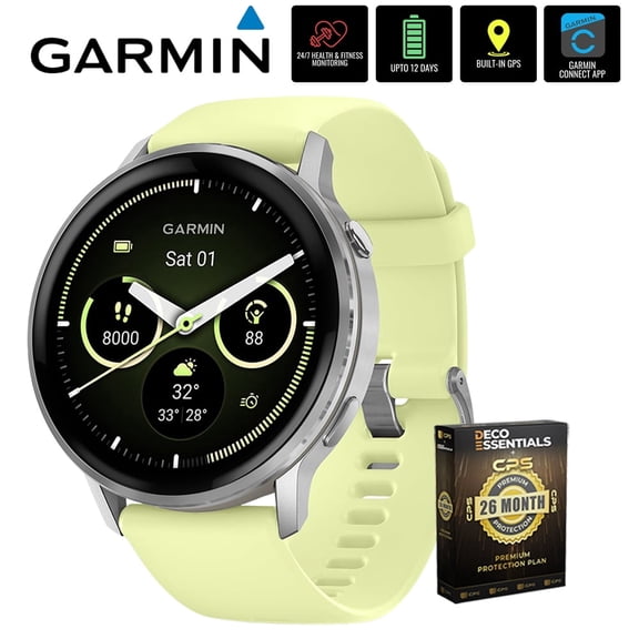 Garmin 010-03014-02 Venu 4, 45 mm Health & Fitness GPS Smartwatch, Silver with Citron Silicone Band Bundle with Deco Essentials Exclusive 26 Month CPS Enhanced Protection Pack