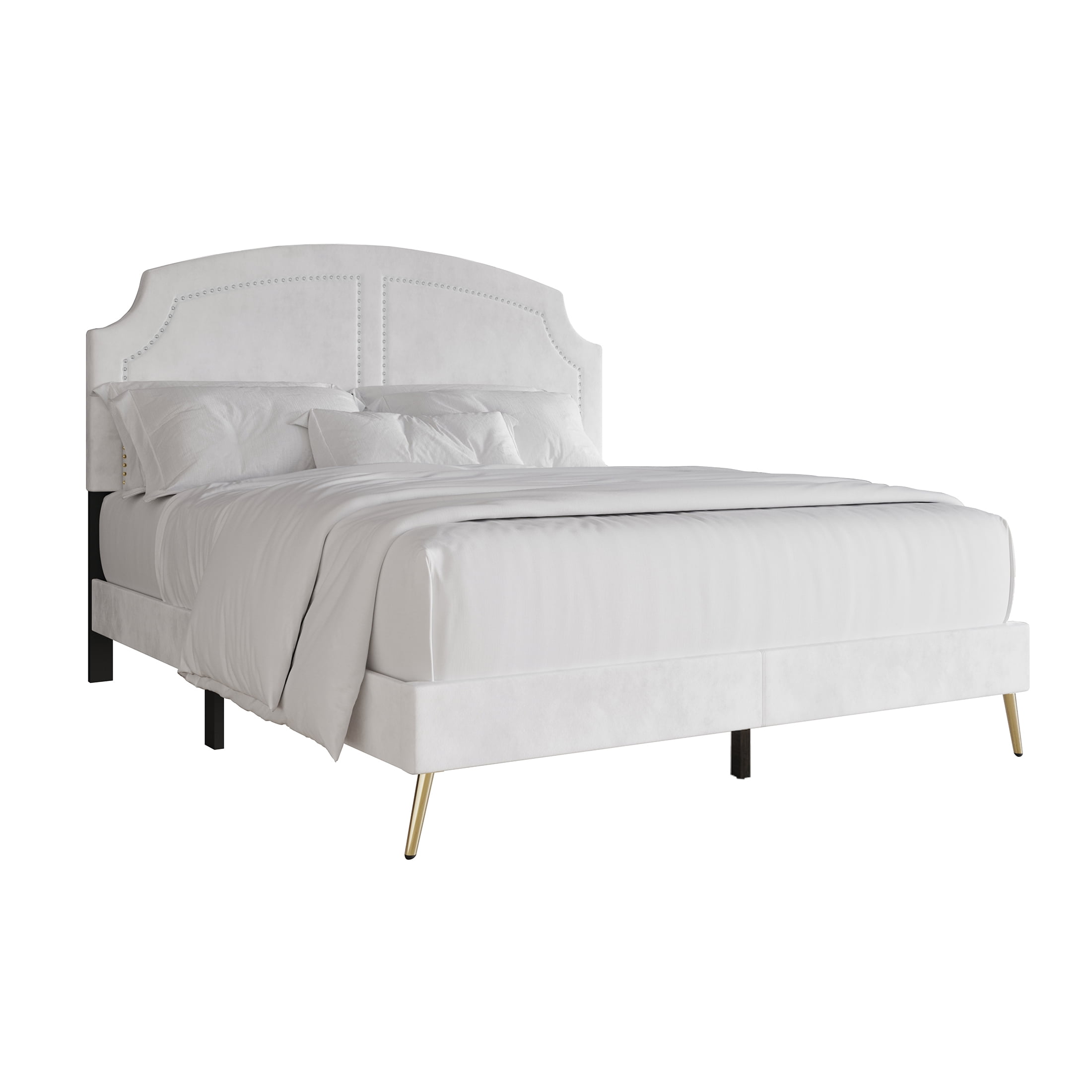 Castle Place Glam Upholstered Velvet Nailhead Trimmed Full Bed, White