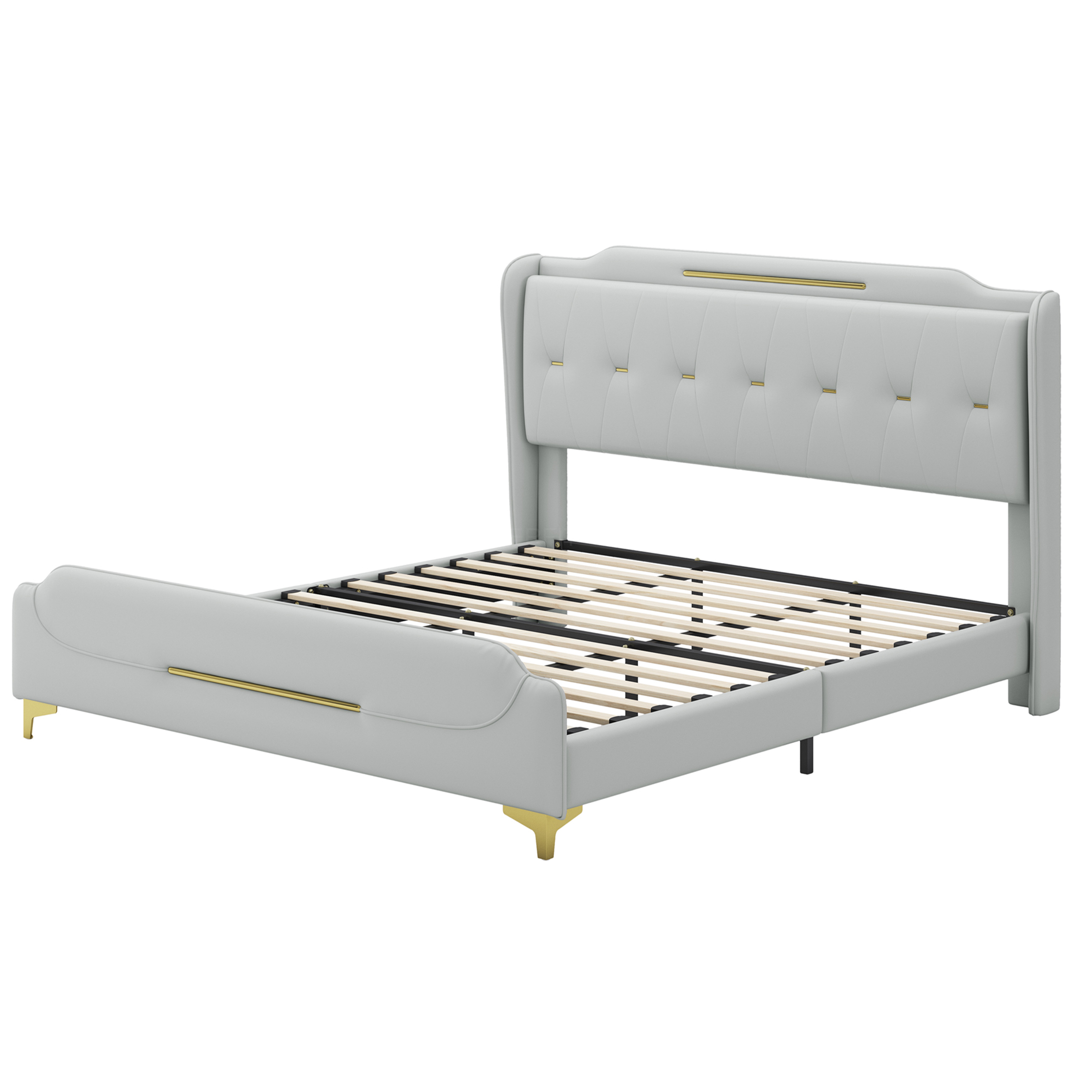 JERFIT King Size Upholstered Bed Frame with Wingback Headboard, Grey PU Leather Platform Bed with Gold Metal Accents, No Box Spring Needed