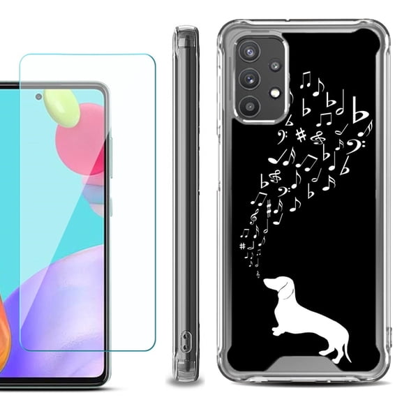 Shockproof Bumper Phone Case for Samsung Galaxy A52 5G, with Tempered Glass Screen Protector, by OneToughShield ® - Dachshund/Puppy Music