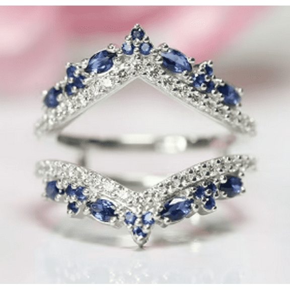 Blue Sapphire And White Diamond Ring Enhancer in 925 Sterling Silver - Bridal Engagement Ring Jacket