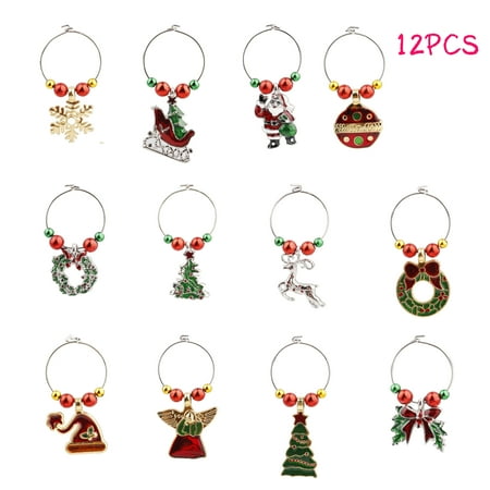 

huntermoon 12 Pcs Christmas Glass Charms Marker Zinc Alloy Rings Pendant Identifier Cup