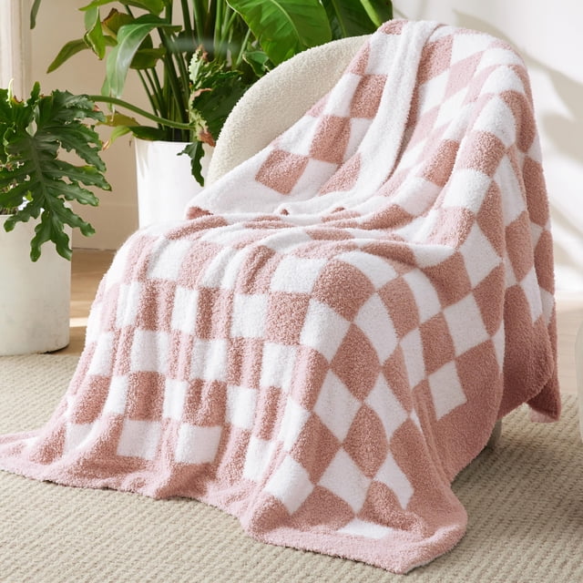 Manta de cama a cuadros rosa de 125 x 150 cm, supersuave