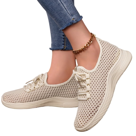 IEMIEMIEM Womens Mesh Sneakers Hollow Out Breathable Lace-up Non-Slip Walking Shoes Fashion Casual Tennis Shoes Lightweight Quick Dry Running Shoes Beige 7.5 Wide