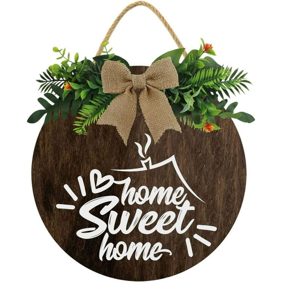 Eveokoki 12" Home Sweet Home Sign Front Door Decor for Farmhouse Porch Decorations Rustic Home Wreaths Sign with Greenery, Round Wooden Hanging Sign