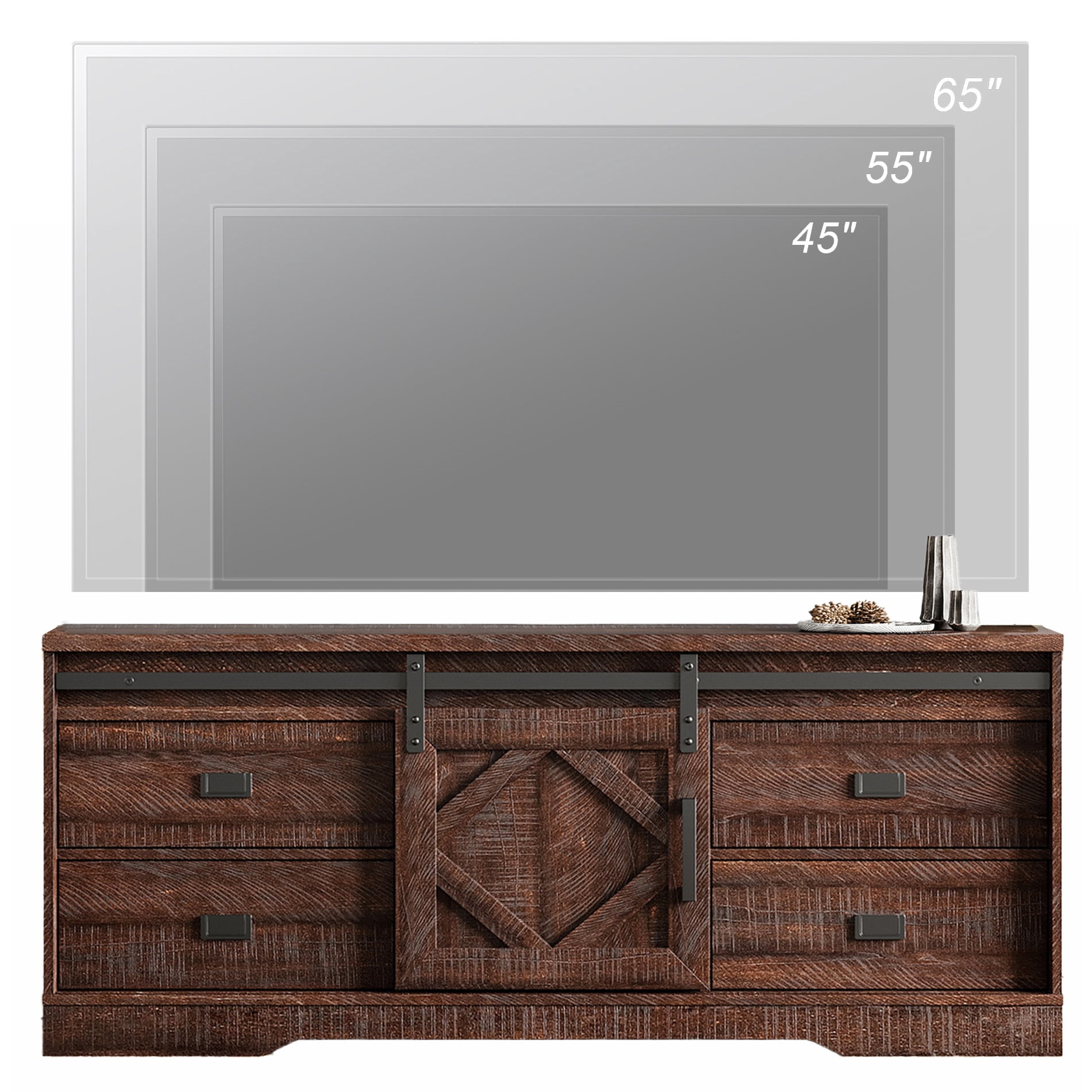 Wampat Modern Farmhouse TV Stand for 65" TV Rustic Brown Wood with Barn Door, Drawers & Storage