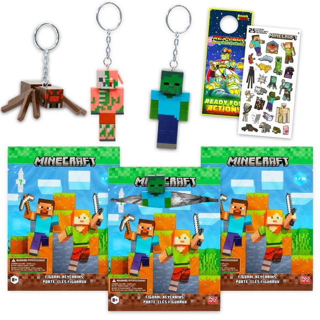 Llavero coleccionable de figuras de Minecraft, paquete de 3 mini figuras + stickers